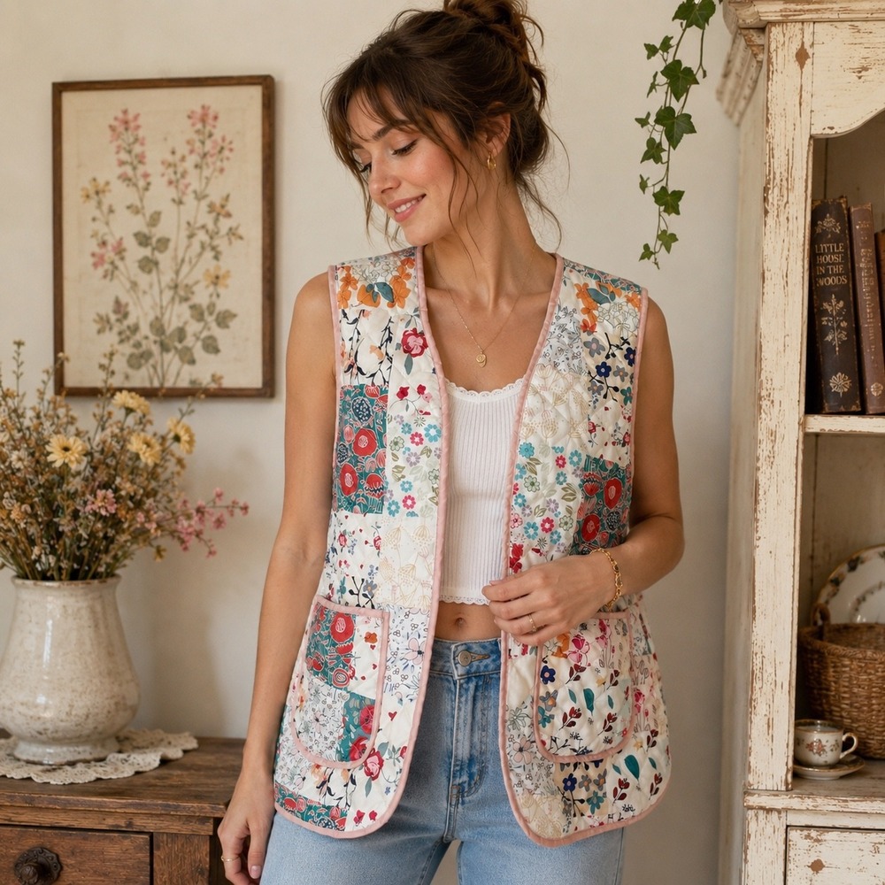 Patchwork Quilted Vest Women's Large White Floral Cottagecore Grannycore Boho
